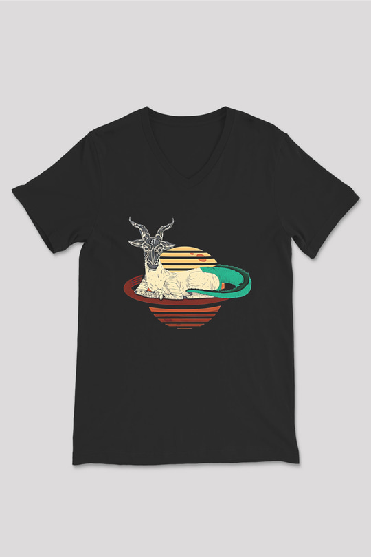 Oğlak Burcu Baskılı Unisex Siyah V Yaka Tişört - Tshirt