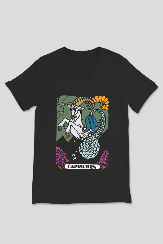 Oğlak Burcu Baskılı Unisex Siyah V Yaka Tişört - Tshirt