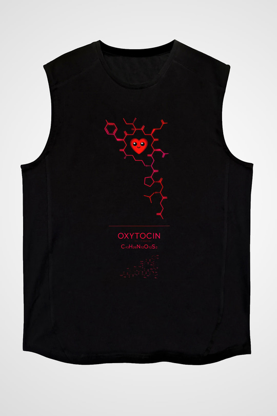 Oksitosin Molekülü Baskılı Unisex Kolsuz Siyah Tişört - Tshirt