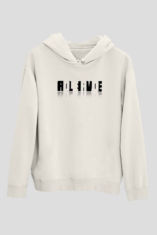 Ölü Canlı Süperpozisyon Baskılı Unisex Ekru Hoodie