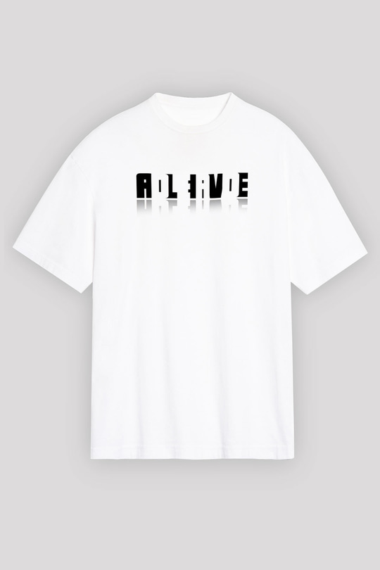 Ölü Canlı Süperpozisyon Baskılı Unisex Oversize Beyaz Tişört - Tshirt