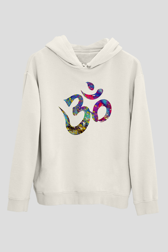 Om Baskılı Beyaz Unisex Kapüşonlu Sweatshirt