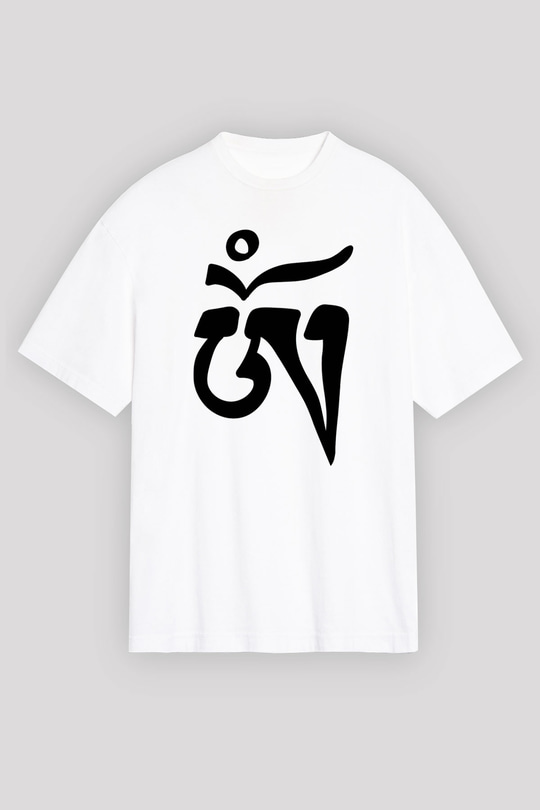 Om Baskılı Beyaz Unisex Oversize Tişört - Tshirt