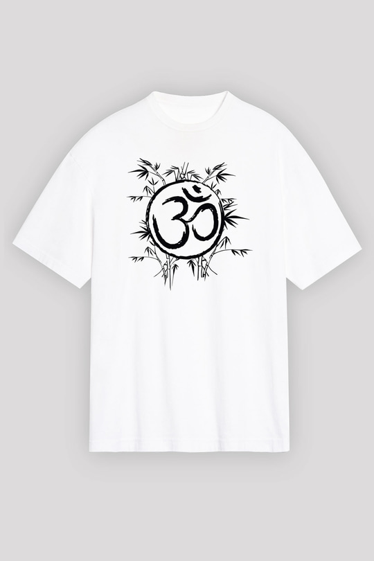 Om Baskılı Beyaz Unisex Oversize Tişört - Tshirt
