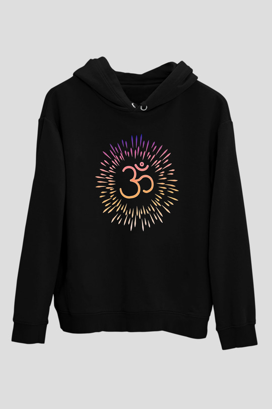 Om Baskılı Unisex Siyah Kapüşonlu Sweatshirt