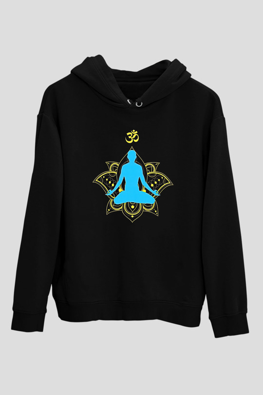 Om Baskılı Unisex Siyah Kapüşonlu Sweatshirt