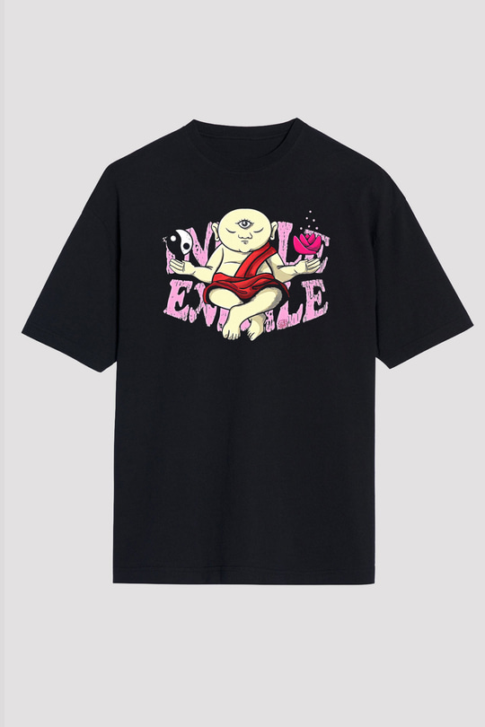 Om Baskılı Unisex Siyah Oversize Tişört - Tshirt