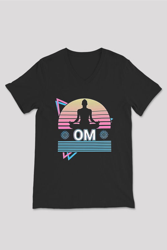 Om Baskılı Unisex Siyah V Yaka Tişört - Tshirt