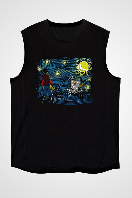 One Piece Baskılı Unisex Siyah Kolsuz Tişört - Tshirt
