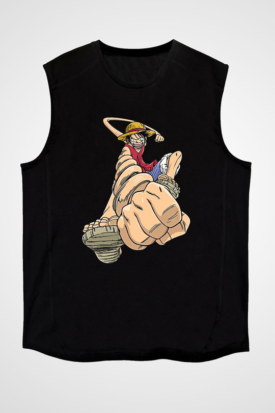 One Piece Baskılı Unisex Siyah Kolsuz Tişört - Tshirt