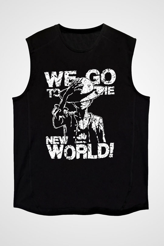 One Piece Baskılı Unisex Siyah Kolsuz Tişört - Tshirt