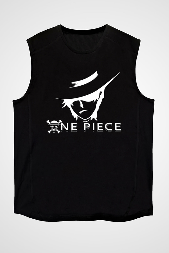 One Piece Baskılı Unisex Siyah Kolsuz Tişört - Tshirt