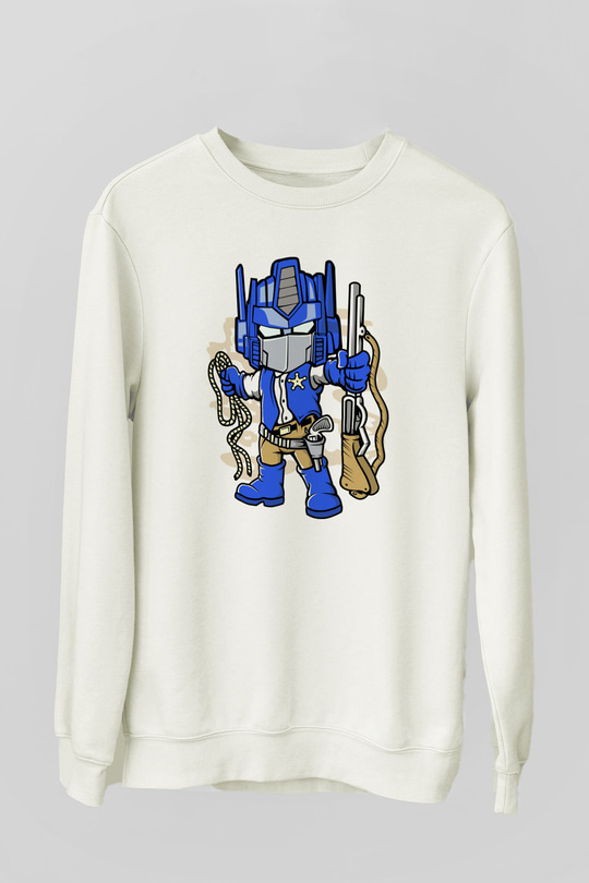 Optimus Cowboy Baskılı Beyaz Unisex Sweatshirt