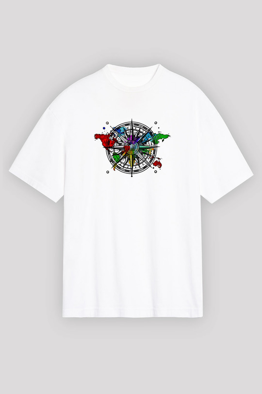 Orienteering Baskılı Unisex Beyaz Oversize Tişört - Tshirt