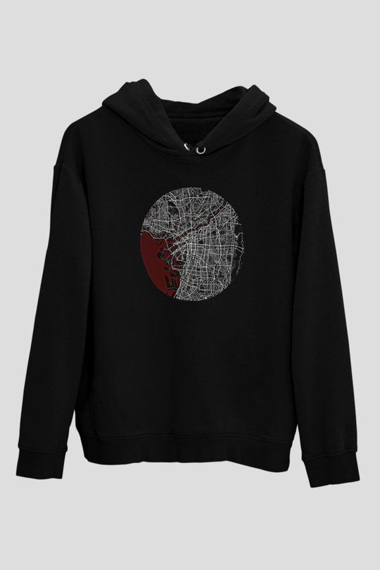 Orienteering Baskılı Unisex Siyah Kapüşonlu Sweatshirt