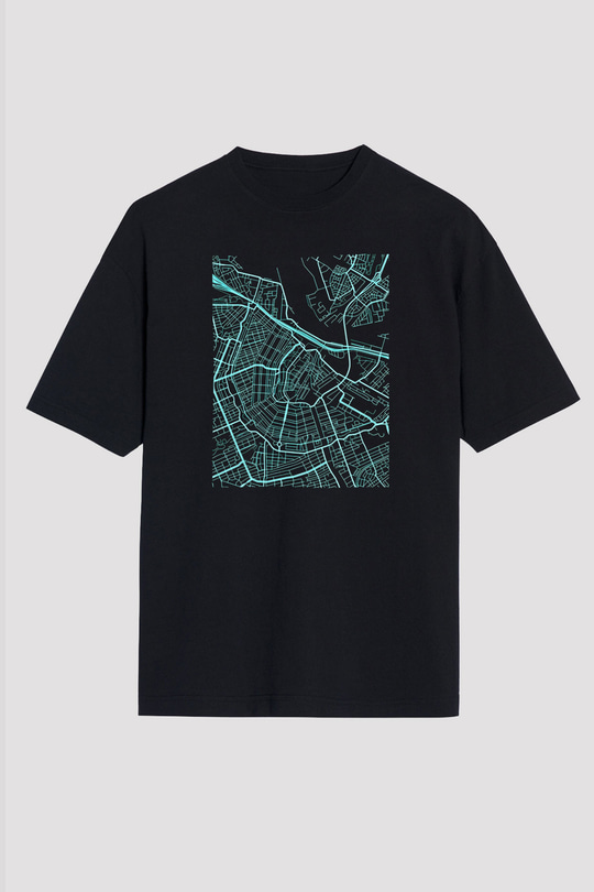 Orienteering Baskılı Unisex Siyah Oversize Tişört