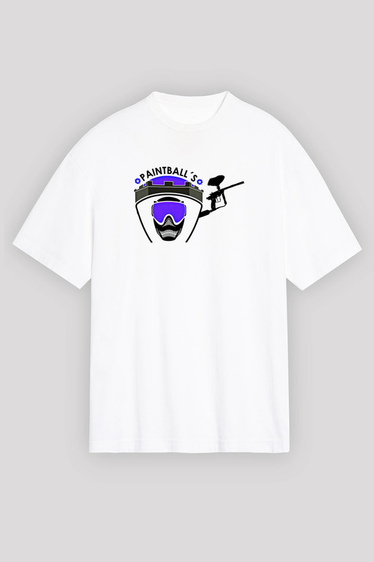 Paintball Baskılı Unisex Beyaz Oversize Tişört - Tshirt