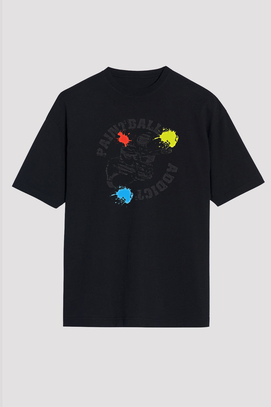 Paintball Baskılı Unisex Siyah Oversize Tişört