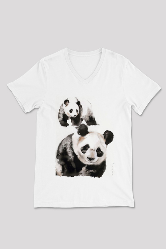 Panda Beyaz Unisex V Yaka Tişört