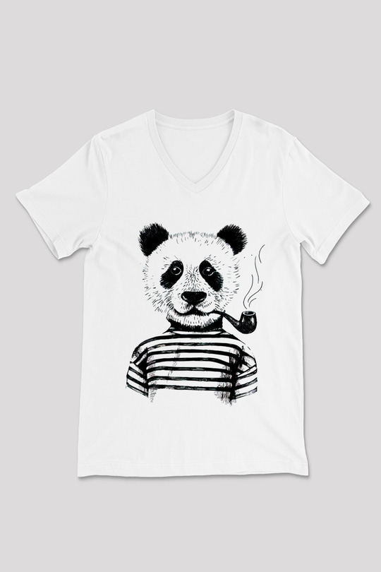 Panda Beyaz Unisex V Yaka Tişört T-Shirt