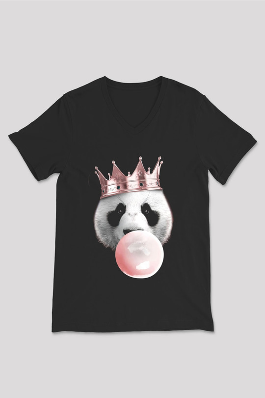 Panda Siyah Unisex V Yaka Tişört
