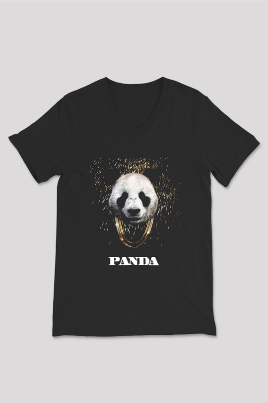 Panda Siyah Unisex V Yaka Tişört T-Shirt