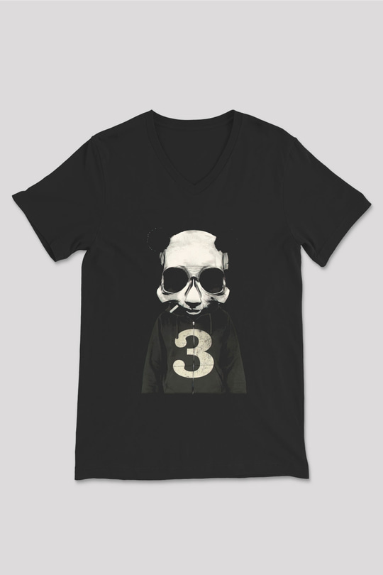 Panda Siyah Unisex V Yaka Tişört T-Shirt