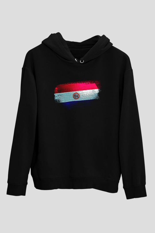 Paraguay Bayrağı Baskılı Unisex Siyah Kapüşonlu Sweatshirt