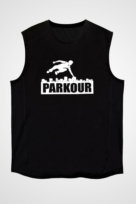 Parkour Baskılı Unisex Siyah Kolsuz Tişört