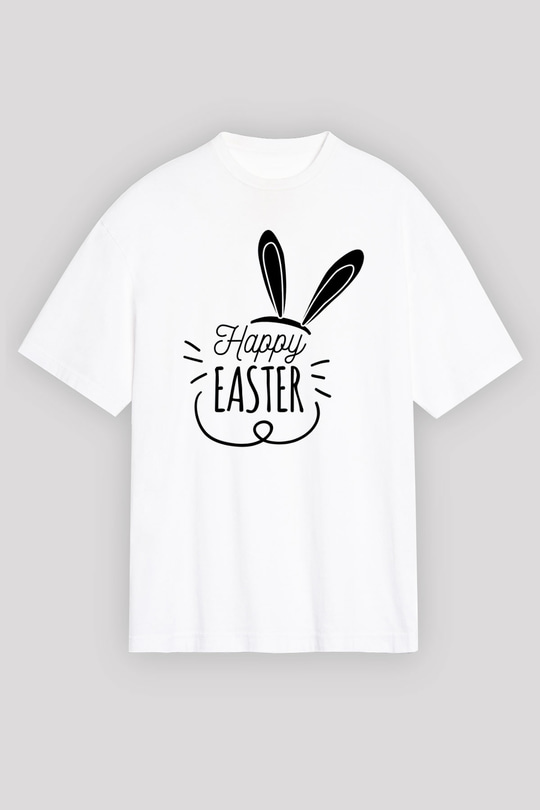 Paskalya Baskılı Beyaz Unisex Oversize Tişört - Tshirt
