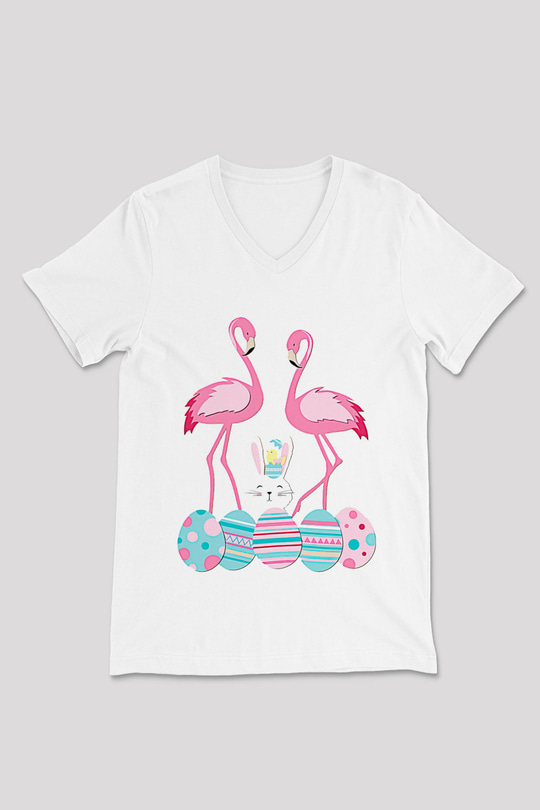 Paskalya Baskılı Beyaz Unisex V Yaka Tişört - Tshirt
