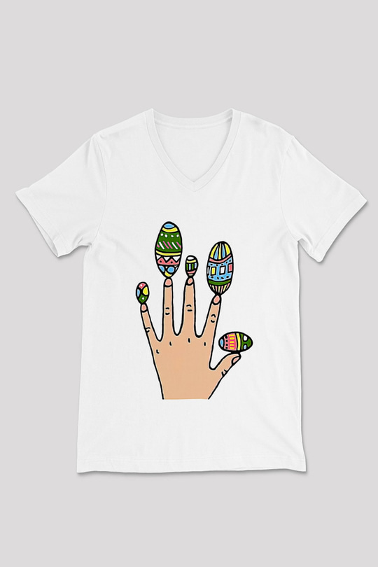 Paskalya Baskılı Beyaz Unisex V Yaka Tişört - Tshirt