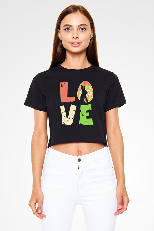 Paskalya Baskılı Siyah Crop Top Kadın Tişört - Tshirt
