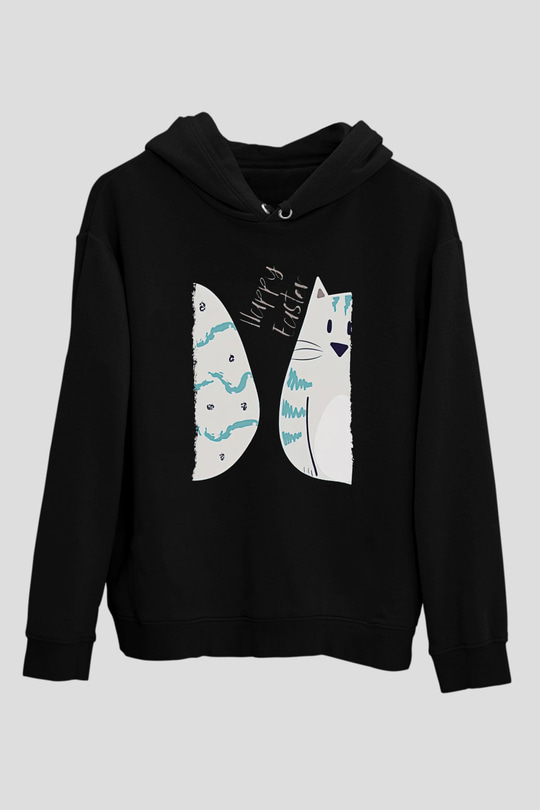 Paskalya Baskılı Unisex Siyah Hoodie