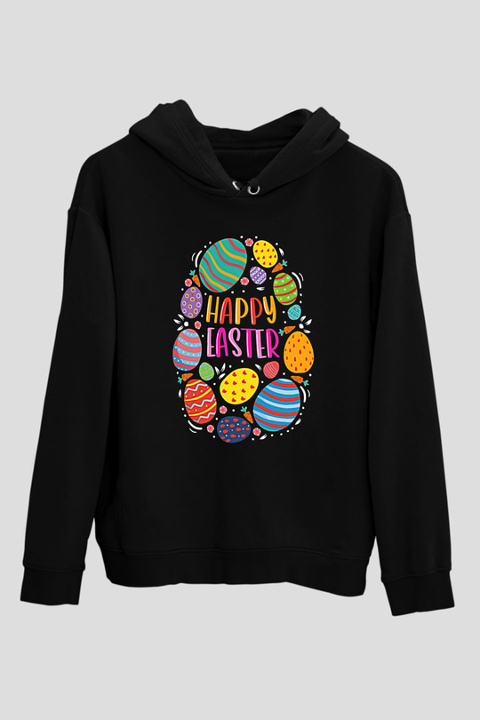 Paskalya Baskılı Unisex Siyah Hoodie