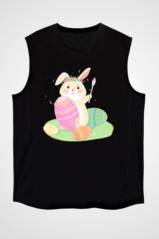 Paskalya Baskılı Unisex Siyah Kolsuz Tişört - Tshirt