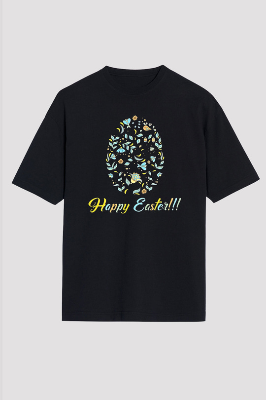 Paskalya Baskılı Unisex Siyah Oversize Tişört - Tshirt