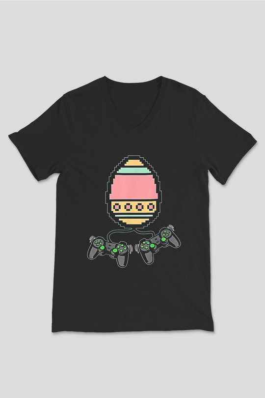 Paskalya Baskılı Unisex Siyah V Yaka Tişört - Tshirt
