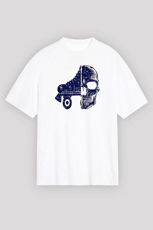 Paten Baskılı Unisex Beyaz Oversize Tişört - Tshirt
