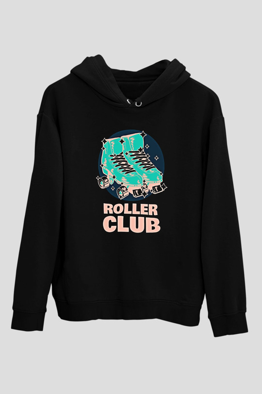 Paten Baskılı Unisex Siyah Kapüşonlu Sweatshirt