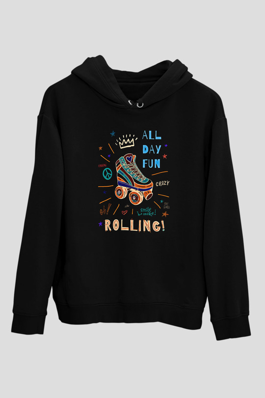 Paten Baskılı Unisex Siyah Kapüşonlu Sweatshirt