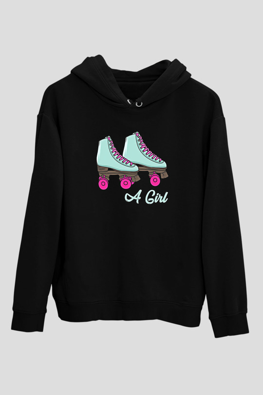 Paten Baskılı Unisex Siyah Kapüşonlu Sweatshirt
