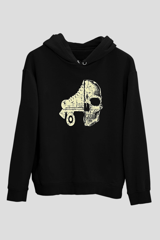 Paten Baskılı Unisex Siyah Kapüşonlu Sweatshirt