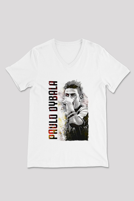 Paulo Dybala Baskılı Beyaz Unisex V Yaka Tişört - Tshirt