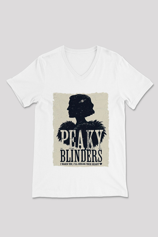 Peaky Blinders Baskılı Beyaz Unisex V Yaka Tişört - Tshirt