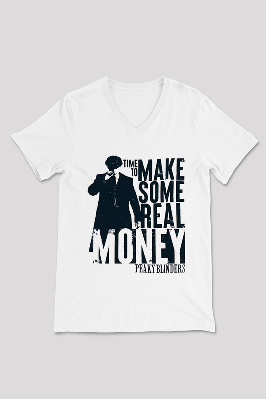 Peaky Blinders Baskılı Beyaz Unisex V Yaka Tişört - Tshirt