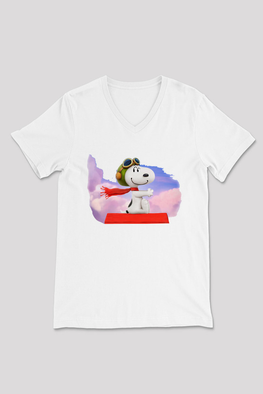 Peanuts Beyaz Unisex V Yaka Tişört