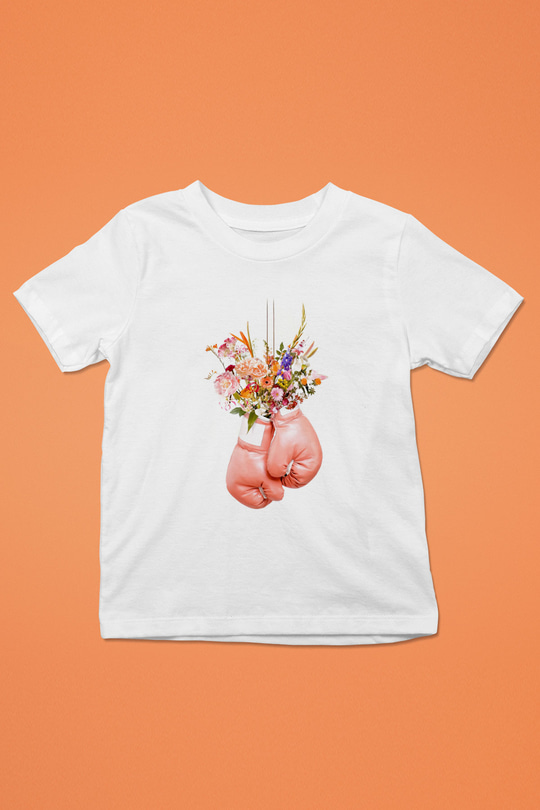 Pembe Boks Eldiveni Baskılı Unisex Beyaz  Çocuk Tişört