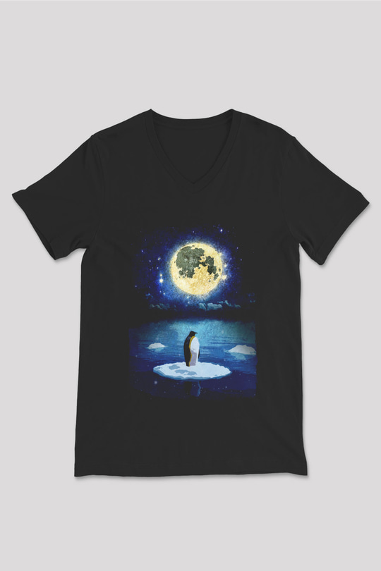 Penguen Siyah Unisex V Yaka Tişört