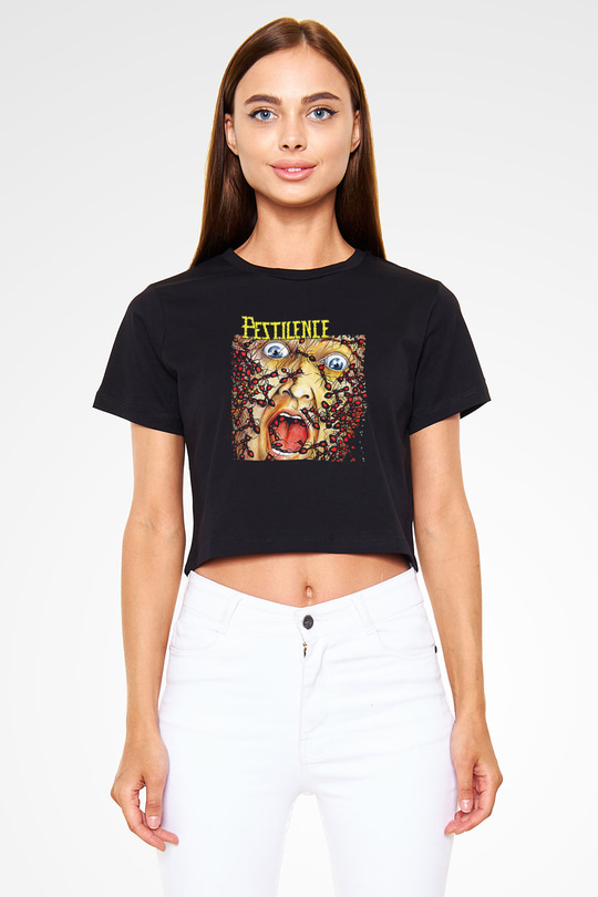 Pestilence Baskılı Siyah Crop Top Kadın Tişört - Tshirt